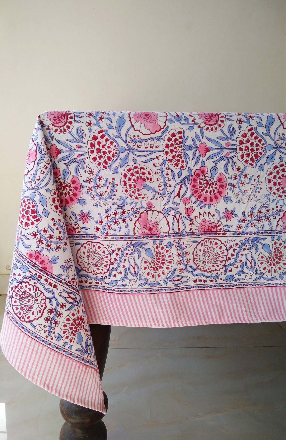 Pink Block Print Tablecloth Floral Design Table Cloth Cotton Etsy