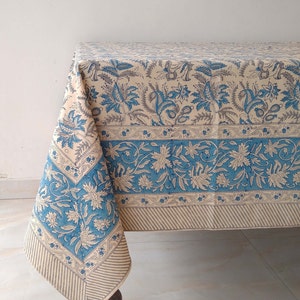 Blue And Grey Floral Table Cloth, Block Print Table Cover, Pure Cotton Table Linen, Kitchen Tablecloth, French Table Cloth, Gift For Mom