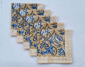 Blue and Grey Indian Floral Hand Block Printed Cotton Cloth Napkins, Dinner Napkins, Wedding Events Home Party Napkins, Housewarming Gift