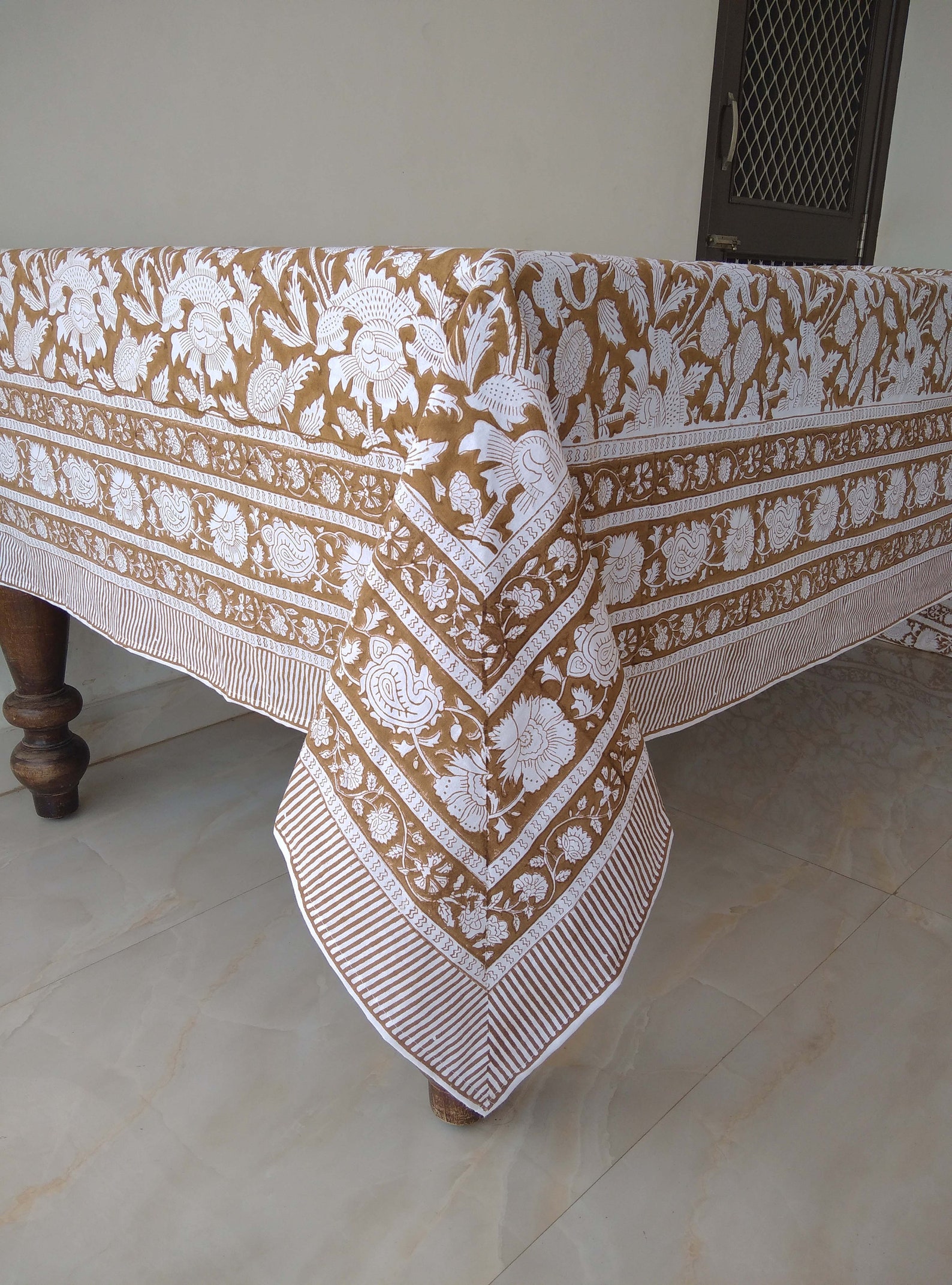 Brown Floral Table Cloth Block Print Table Cover Cotton - Etsy