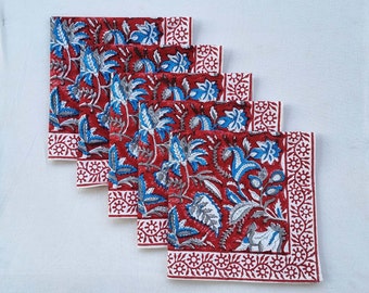 Serviettes de table en coton à imprimé floral indien bleu, gris et rouge, serviettes de table, serviettes de table pour événements de mariage, serviettes de table de fête à domicile, serviettes de Noël