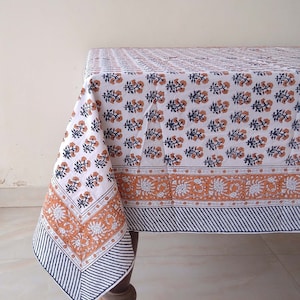 Blue And Apricot Table Cloth, Block Print Table Cover, Indian Table Linen, Dinning Tablecloth, Elegant Table Scape, Wedding Table Cloth