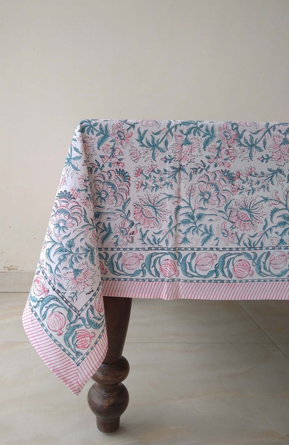 Floral Cotton Table Cloth, Block Printed Table Cover, Indian Table Linen, Kitchen Tablecloth, Rectangle Table Cloth, Tablecloth For Gift