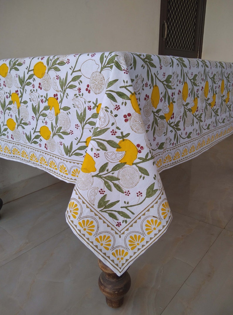 Lemon And Green Leaf Table Cloth, Block Print Table Cover, Indian Table Linen, Dinning Tablecloth, Rectangle Tablecloth, Gift For New Home image 8