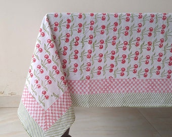 Red Cherry Table Cloth, Indian Block Print Table Cover, Cotton Table Linen, Tablecloth Napkin Set, Dinning Tablecloth, Rectangle Tablecloth