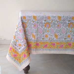 Indian Block Print Tablecloth, Floral Design Table Cover, Cotton Table Linen, Dinning Tablecloth, Rectangle Table Cloth, Housewarming Gift