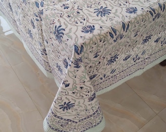 Block Print Cotton Tablecloth, Floral Indian Table Cover, 60x90 Inch