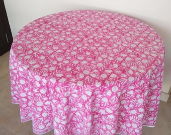Rosa Blumenmuster Runde Tischdecke, Block Print Runde Tischdecke, Handgemachte Baumwolle Tischdecke, Esstisch Abdeckung, Housewarminggeschenk