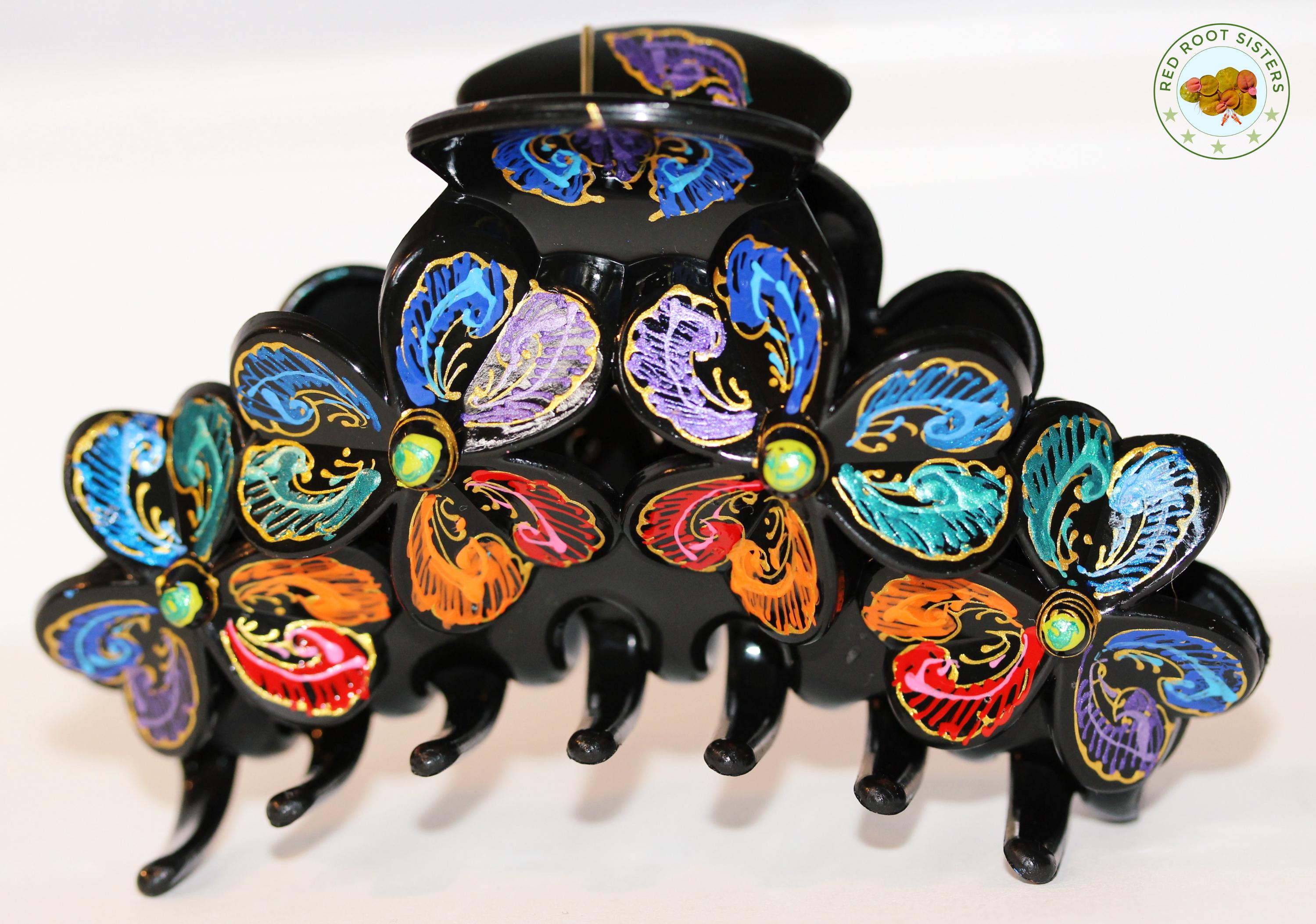 Hand Painted "Quad Trillium" Hair Clip Hair Claw (Super Thick Hair)