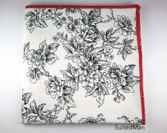 Black / Red Rose Floral Pocket Square | Wedding | Groom