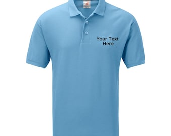 Mens Custom Print Polo Shirts - Personalised Design 100% Cotton Workwear Uniform Sky Blue Polo Shirt Add Any Text, Monogram, Logo Size M-5XL