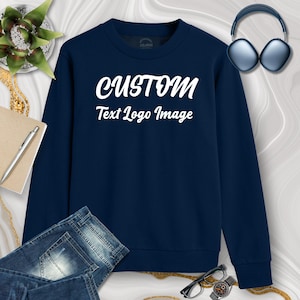 Custom Design Dark Navy Sweatshirt - Personalized Print 280GSM Terry Cotton Activewear Sweater add Your Name/Images/Text/Logo - Size S - 2XL