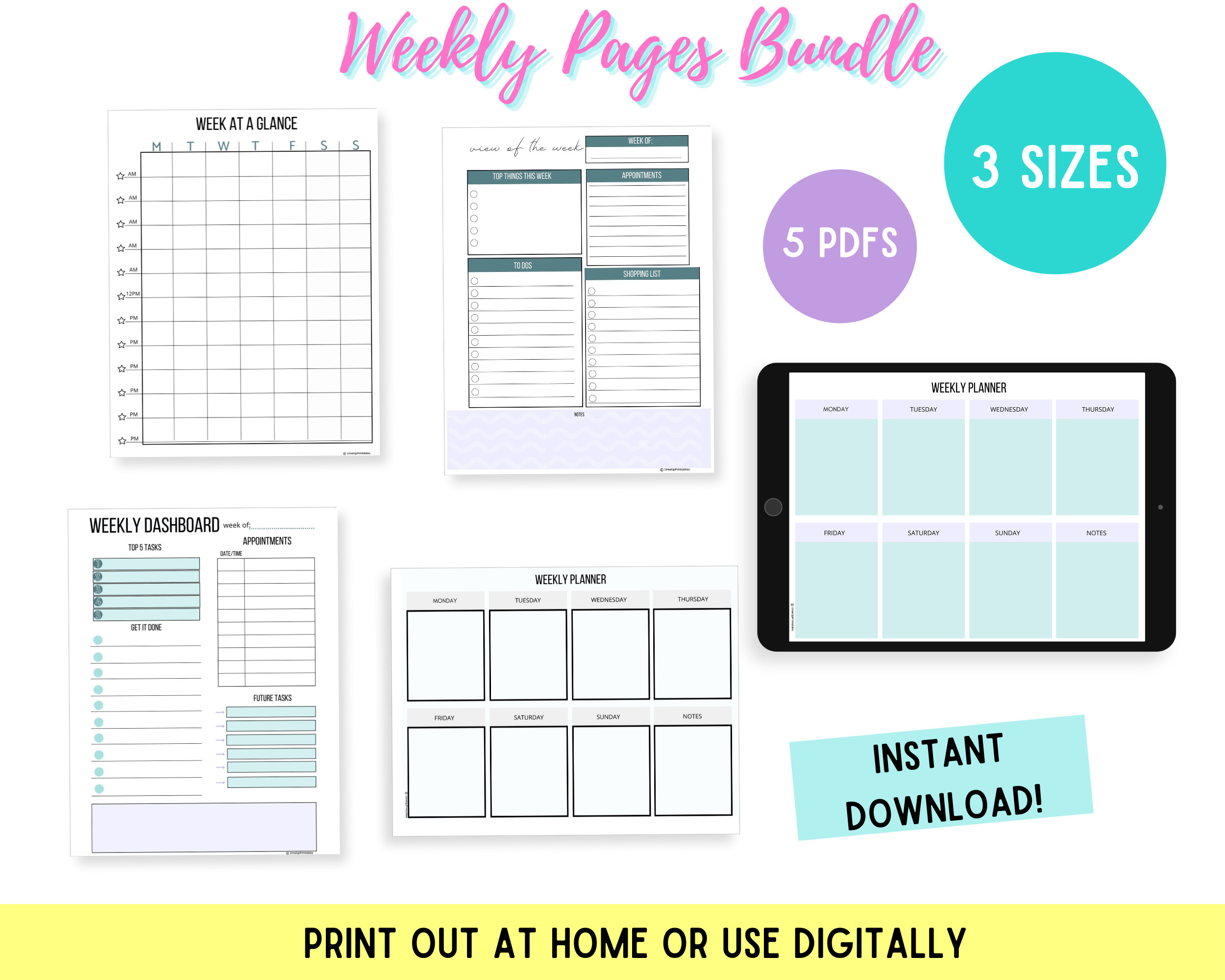 Digital Weekly Planner Page Bundle | Digital Planner Weekly Page | To Do List | Printable Weekly Task List PDF A4, A5, US Letter Planner