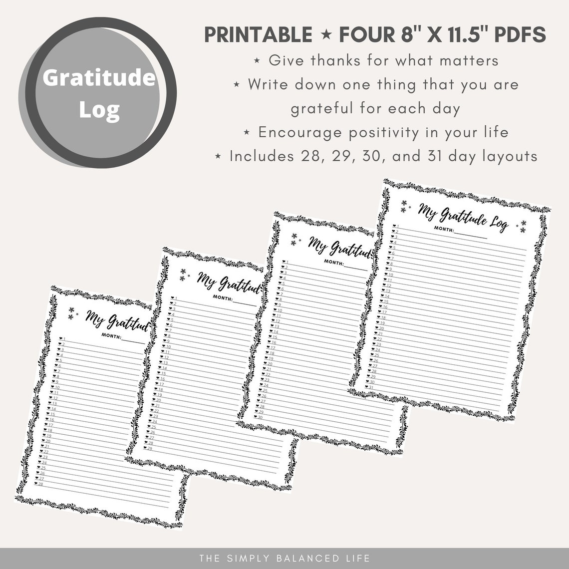 Gratitude Log Printable PDF 8.5 x 11 Instant | Etsy