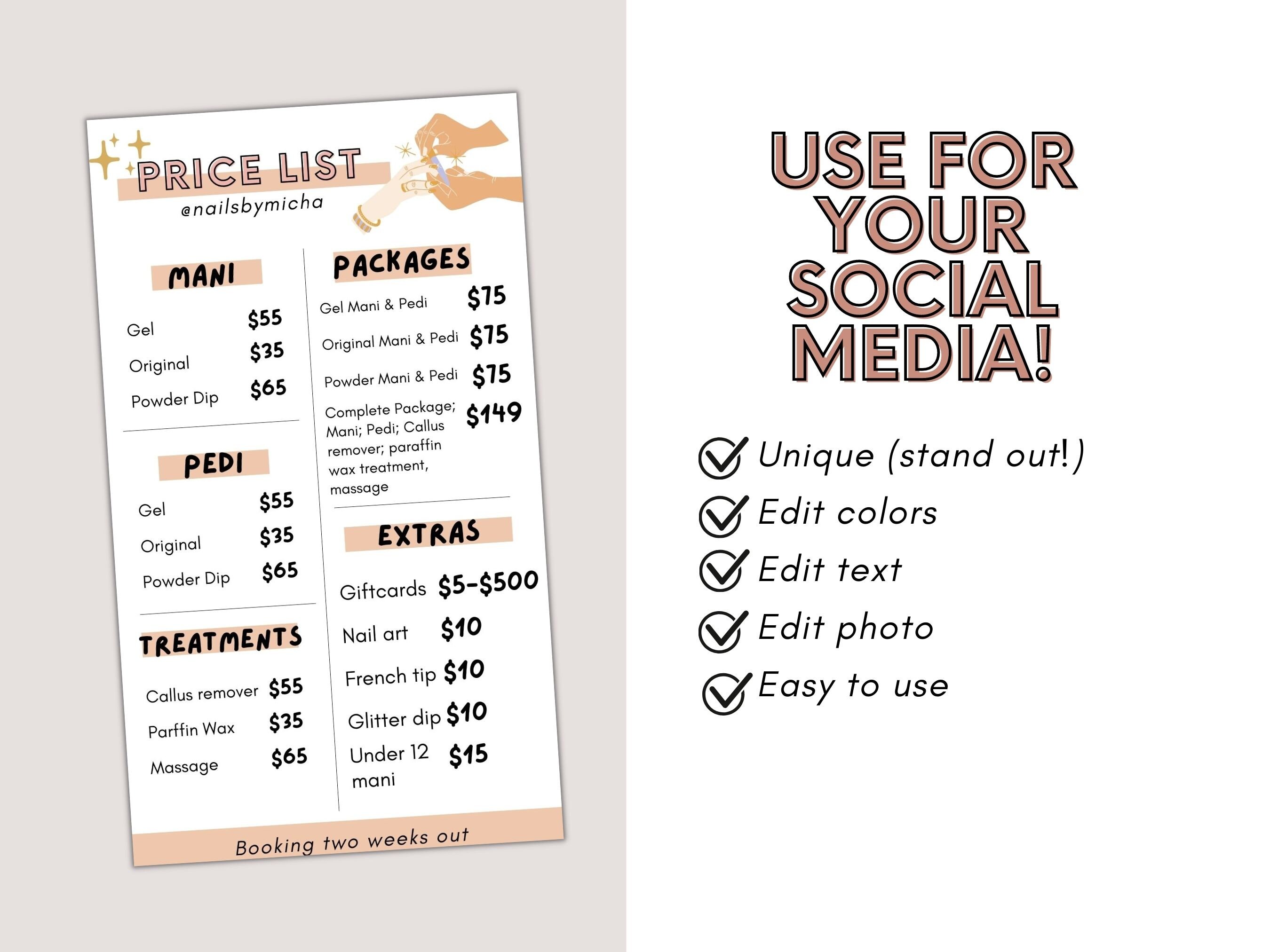 Nail Tech Price List Nail Tech Instagram Templates Nail Salon Menu Nail