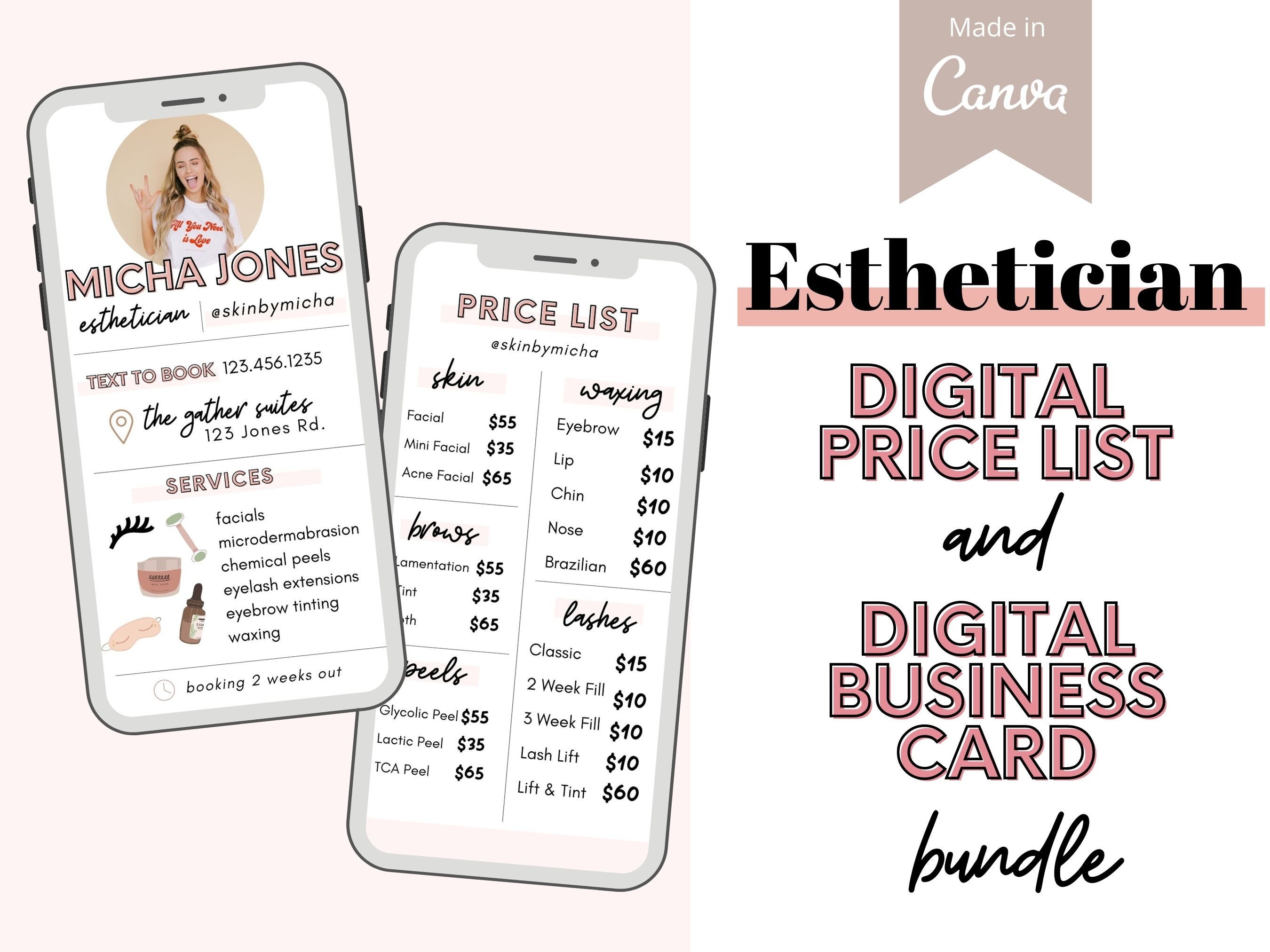 Esthetician Business Card Esthetician Price List Esthetician Etsy