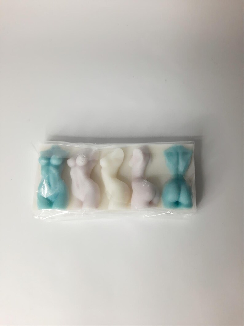 Puede incluir: Cinco peque&ntilde;as barras de jab&oacute;n decorativas con forma de torso humano. Las barras est&aacute;n dispuestas en fila y son de varios colores, incluyendo azul claro, rosa y blanco.