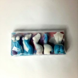 Puede incluir: Cinco barras de jab&oacute;n coloridas, abstractas, con forma humana en una bolsa de pl&aacute;stico transparente. Las barras de jab&oacute;n son en tonos de azul, blanco y morado.