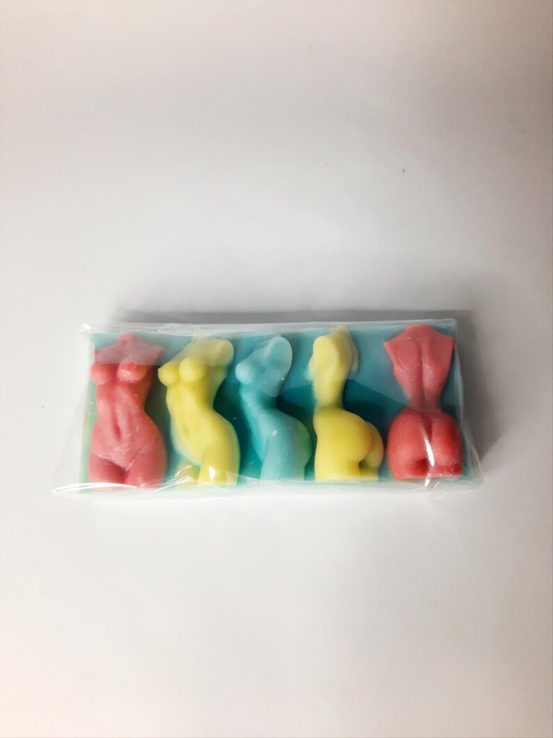 Puede incluir: Cinco figuras moldeadas de colores en un paquete de pl&aacute;stico transparente. Las figuras son en tonos de rosa, amarillo y azul. Las figuras est&aacute;n dispuestas en una fila sobre un fondo azul claro.