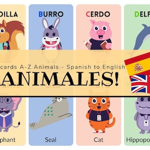 Animals Bilingual Digital Flashcards Spanish to English, cute, for kids, school animals