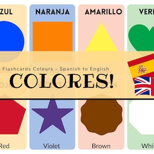 Colours Bilingual Digital Flashcards Spanish to English, cute, for kids, different shapes