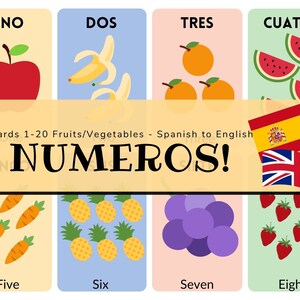 Numbers Bilingual Digital Flashcards Spanish to English, cute, for kids, fruits and vegetables