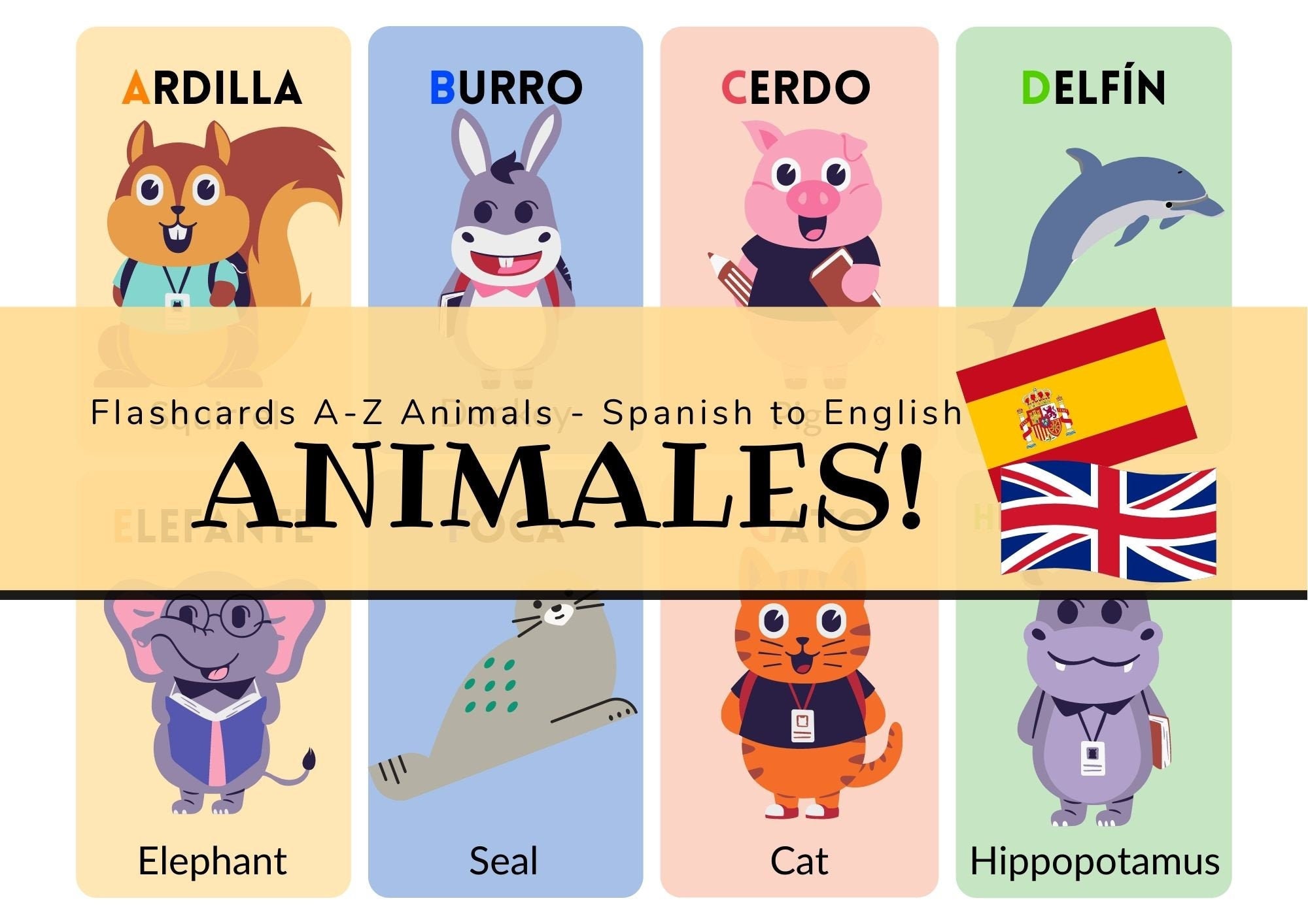 Animals Bilingual Digital Flashcards Spanish to English Cute - Etsy Animals Bilingual Digital Flashcards Spanish to English Cute - Etsy