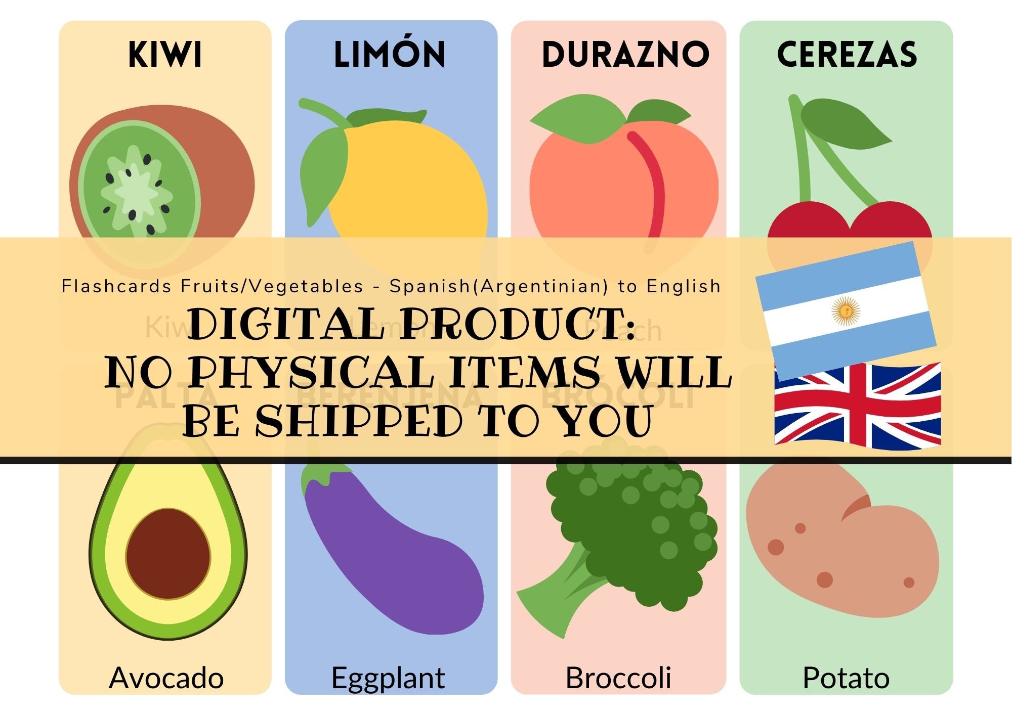 Fruits and Vegetables Bilingual Digital Flashcards Spanish - Etsy UK