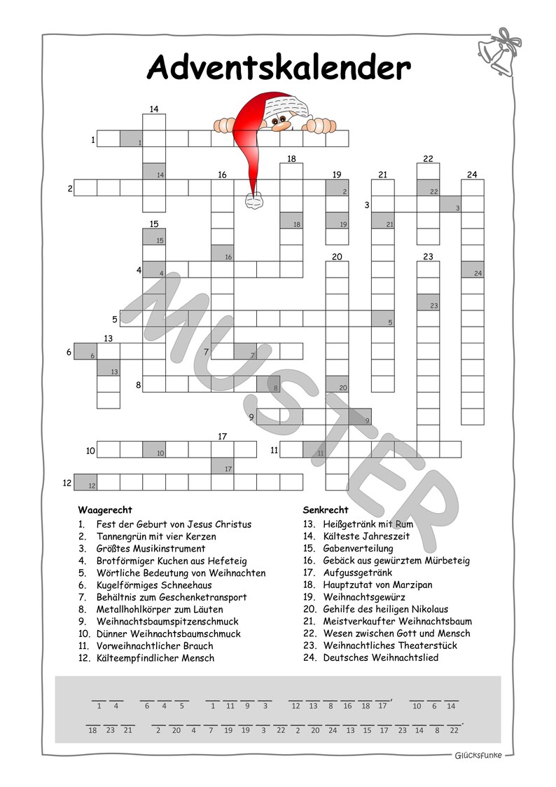 Puede incluir: Un crucigrama en blanco y negro con el t&iacute;tulo "Adventskalender" y un Pap&aacute; Noel de dibujos animados asom&aacute;ndose por la parte superior. El crucigrama tiene 24 casillas numeradas y pistas para cada casilla.