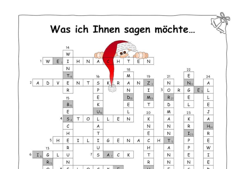 Puede incluir: Un crucigrama en blanco y negro con el texto "Was ich Ihnen sagen m&ouml;chte..." en la parte superior. El crucigrama presenta un personaje de Pap&aacute; Noel con un gorro rojo y barba blanca. El crucigrama tiene 24 casillas numeradas y palabras como "Advent", "Weihnachten", "Stille", "Genie&szlig;en" y "Liebe".