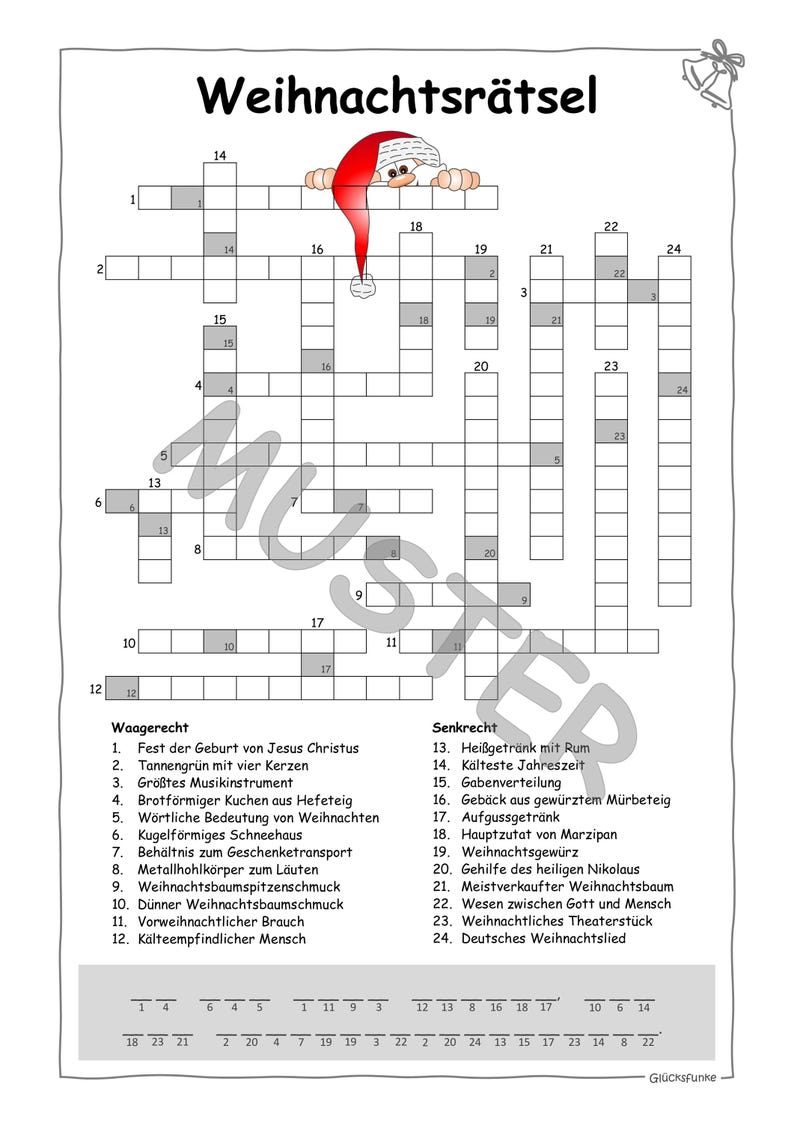 Puede incluir: Un crucigrama en blanco y negro con la palabra "Weihnachtsr&auml;tsel" en la parte superior. El crucigrama es sobre la Navidad e incluye pistas para palabras como "&aacute;rbol de Navidad", "Santa Claus" y "villancico navide&ntilde;o".