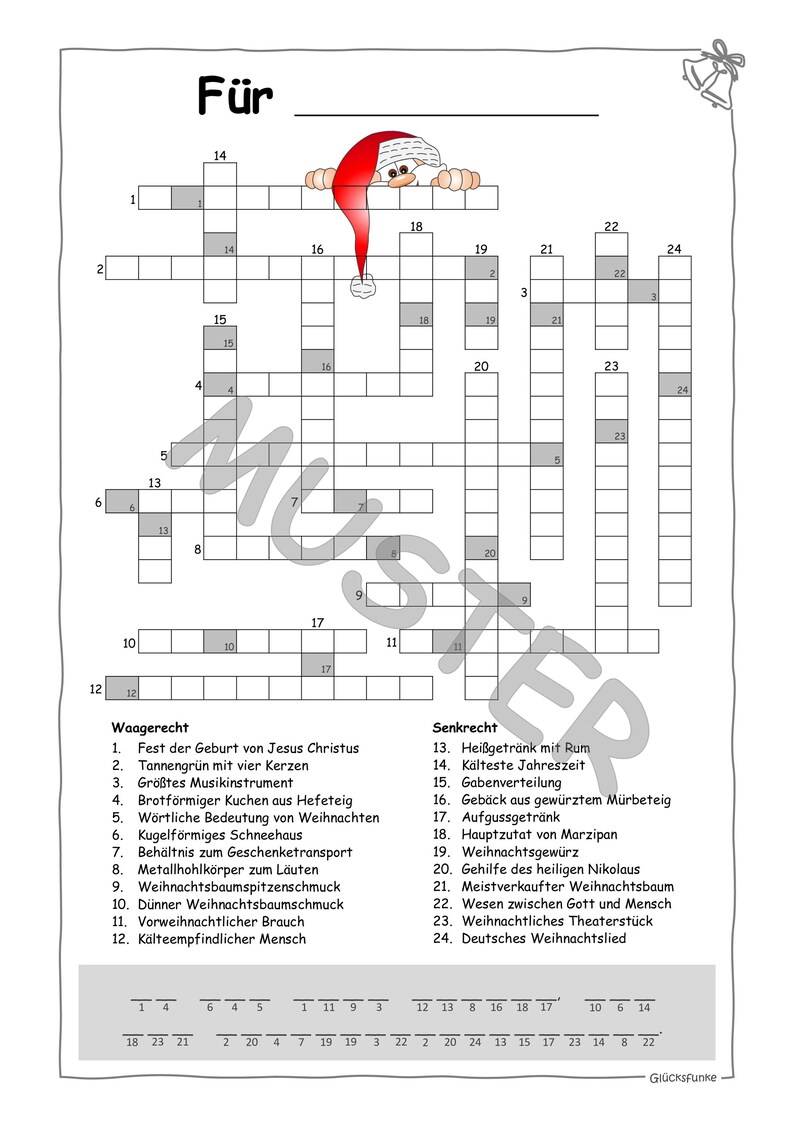 Puede incluir: Un crucigrama en blanco y negro con la palabra "F&uuml;r" en la parte superior. El crucigrama es sobre la Navidad e incluye palabras como "Weihnachten", "Geschenk" y "Nikolaus".
