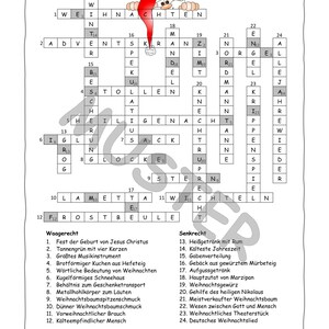 Puede incluir: Un crucigrama de calendario de Adviento en blanco y negro con una ilustraci&oacute;n de Pap&aacute; Noel. El crucigrama presenta las palabras "Adventkalender" y "Weihnachten".