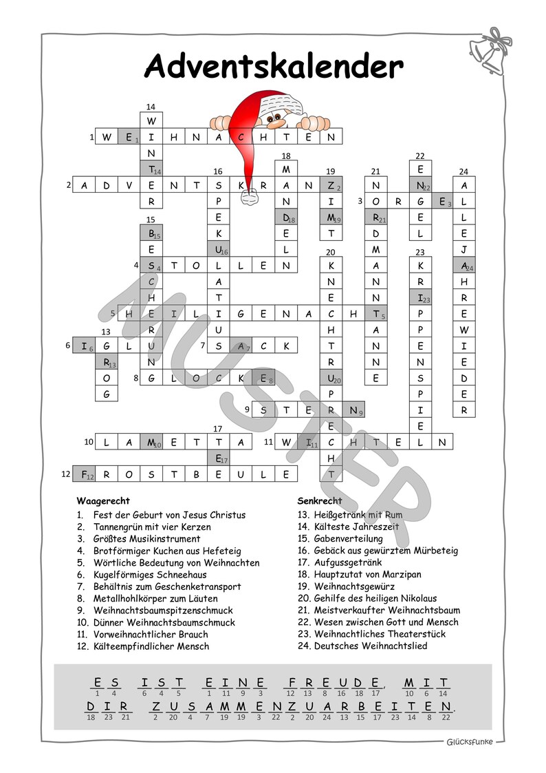 Puede incluir: Un crucigrama de calendario de Adviento en blanco y negro con una ilustraci&oacute;n de Pap&aacute; Noel. El crucigrama presenta las palabras "Adventkalender" y "Weihnachten".