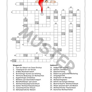 Puede incluir: Un crucigrama en blanco y negro con el t&iacute;tulo "Was ich dir sagen m&ouml;chte..." y una imagen de dibujos animados de Pap&aacute; Noel asom&aacute;ndose por la parte superior del crucigrama. El crucigrama tiene 24 casillas numeradas y una lista de palabras y sus definiciones.