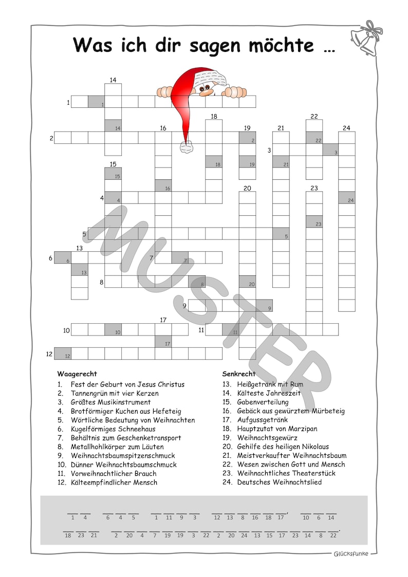 Puede incluir: Un crucigrama en blanco y negro con el t&iacute;tulo "Was ich dir sagen m&ouml;chte..." y una imagen de dibujos animados de Pap&aacute; Noel asom&aacute;ndose por la parte superior del crucigrama. El crucigrama tiene 24 casillas numeradas y una lista de palabras y sus definiciones.