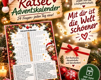 May include: A Christmas puzzle advent calendar with 24 questions, featuring a crossword grid, a Santa hat, and festive decorations. Text includes "Rätsel Adventskalender", "24 Fragen-jeden Tag eine!", and "Mit dir ist die Welt schöener".