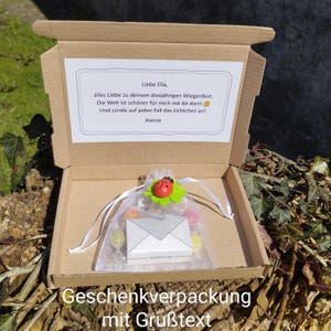 May include: A brown cardboard box with a white card inside. The card has a handwritten message that says "Liebe Ella, alles Liebe zu deinem diesj&auml;hrigen Wiegenfest. Die Welt ist sch&ouml;ner f&uuml;r mich mit dir darin Und z&uuml;nde auf jeden Fall das Lichtchen an! Hanna". The box also contains a small white envelope and a clear bag with colorful candies and a ladybug decoration.