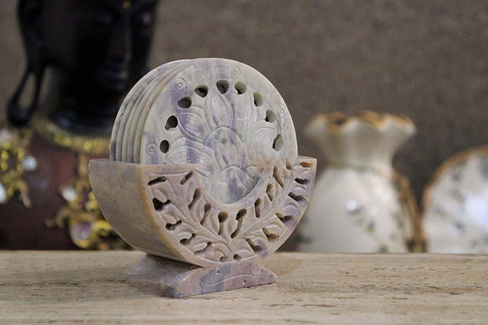 Unique Soapstone Coaster Set of 5 Floral Handmade Design Etsy