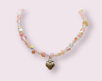 Handmade Strawberry Pendant Necklace | Gemstone Beads & Freshwater Pearls