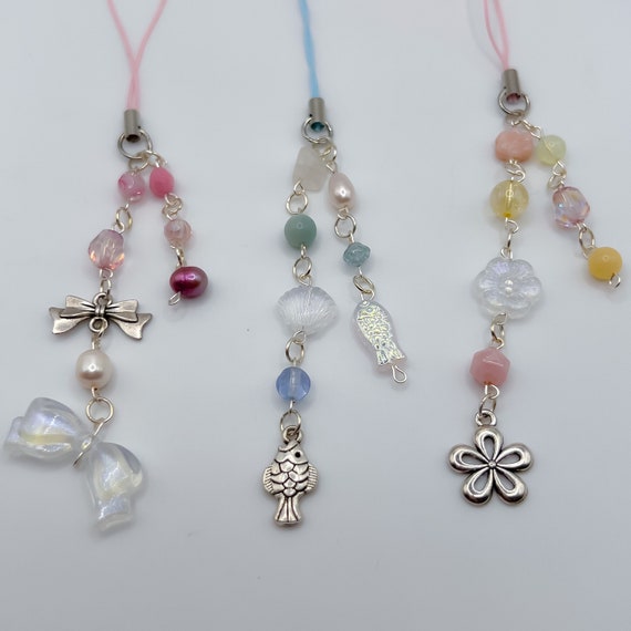Gemstone & Pearl Phone Charm Keychains | Pink and Blue Phone