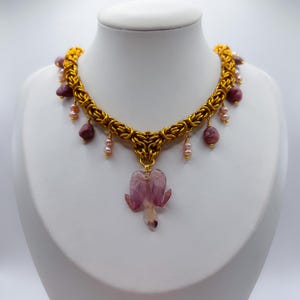 Emery Chainmaille Necklace | Pressed Flower Jewelry, Bleeding Heart Necklace, Eclectic Chainmail Jewelry, Nature Inspired