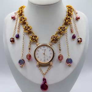 Milena Chainmaille Choker Necklace | Freshwater Pearl Jewelry, Vintage Watch Face Necklace, Gold Eclectic Chainmail Jewelry