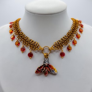 Norah Chainmaille Necklace | Handmade Ceramic Moth Pendant, Red Glass Beaded Chainmail Jewelry, Nature Inspired
