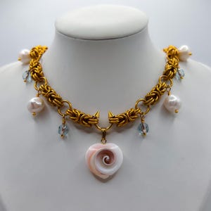 Delta Chainmaille Necklace | Blue Glass Beaded Jewelry, Pearl Gold Chainmail Necklace, Ocean Inspired, Siren Aesthetic