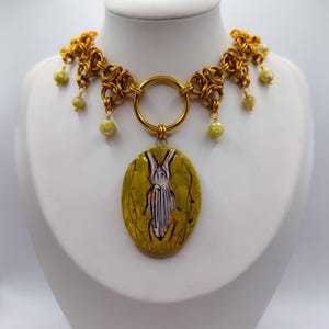 Gardenia Chainmaille Necklace | Nature Inspired Jewelry, Green Faceted Freshwater Pearl Necklace, Eclectic Beetle Bug Chainmail Jewelry