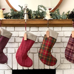 Upcycled Christmas Stockings with personalized wooden name tag  (Tartan, Plaid, Sustainably Made)