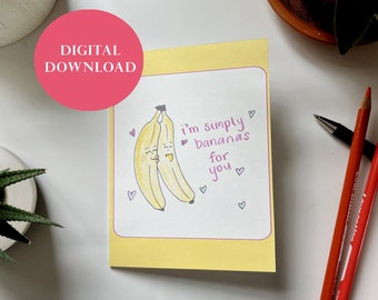 PRINTABLE "Bananas for you" A2 Valentine Veggie card, perfect for anniversary