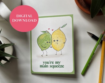 PRINTABLE "Main Squeeze" A2 Valentine Veggie card, perfect for anniversary