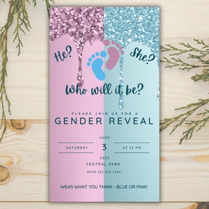 Modèle d&#39;invitation à révéler le sexe | Faire-part de fête minimaliste de genre | Révéler une invitation moderne et neutre | Modèle modifiable
